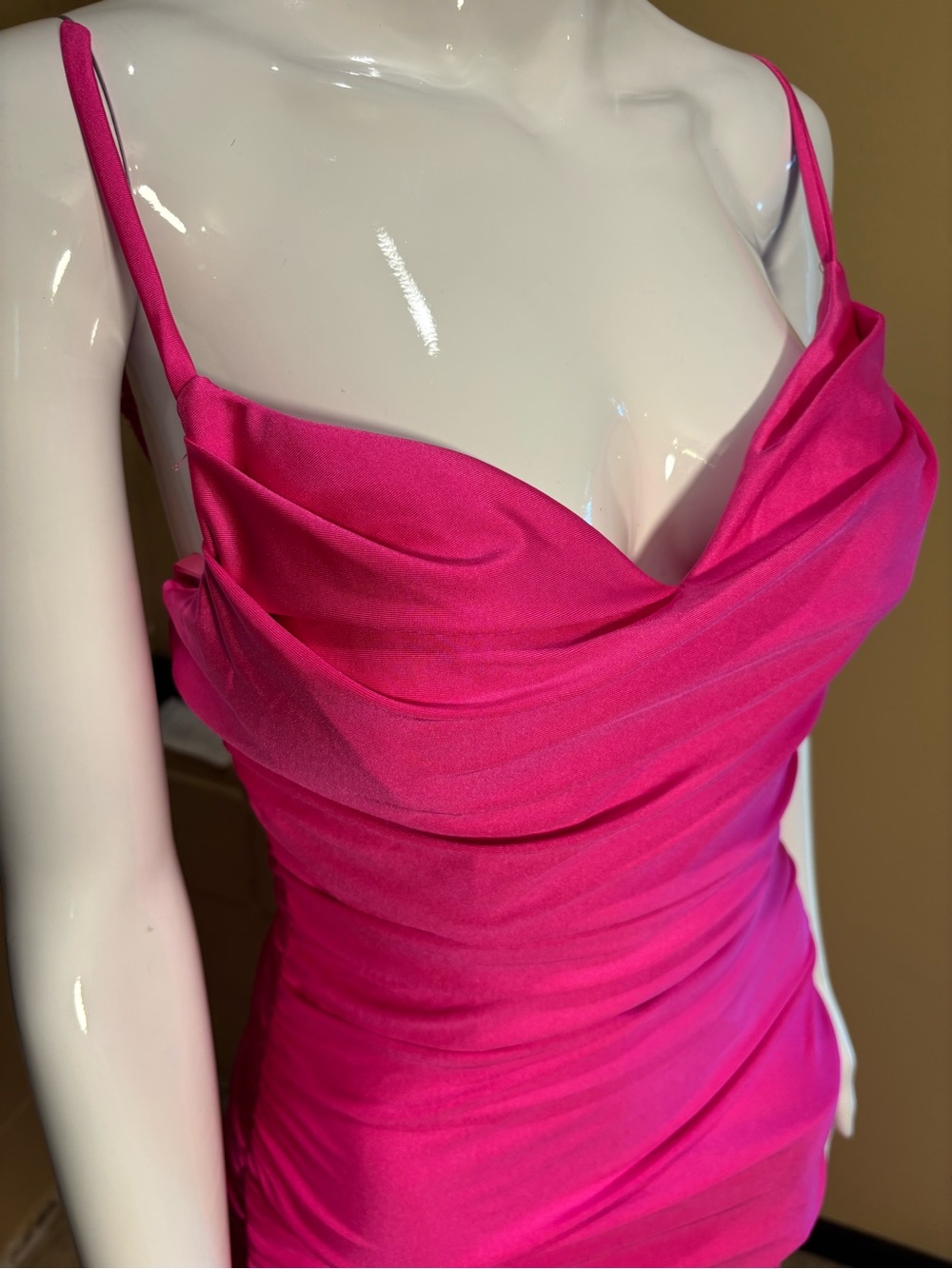 Hot Pink Ruched Spaghetti-Strap Prom Gown - Picture 9 of 12